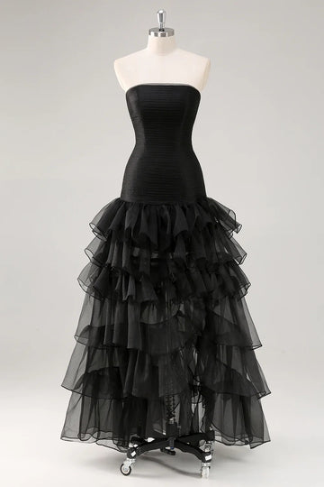 Strapless Black Tiered Ruffles Tulle Formal Dress
